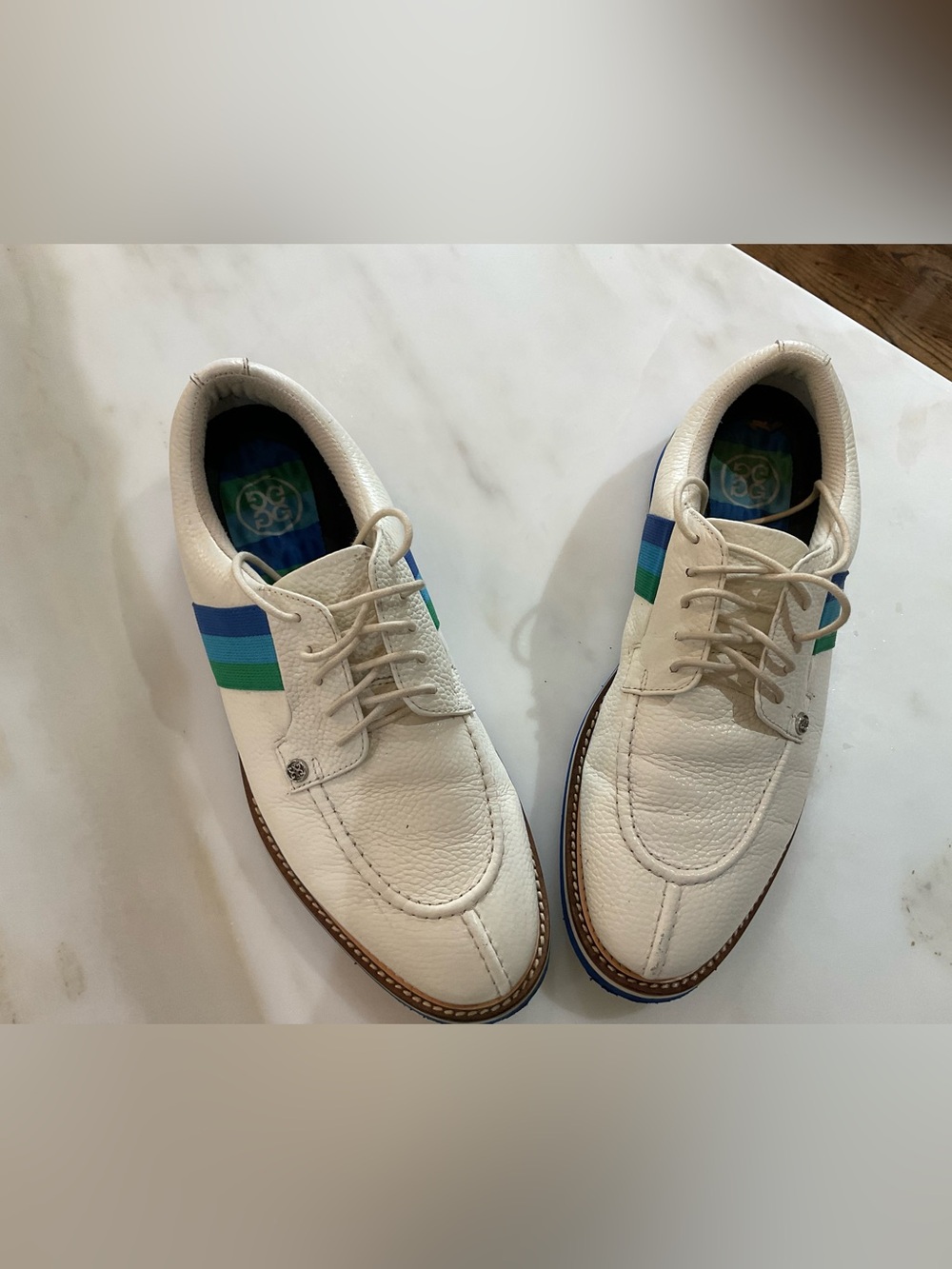 G/FORE White Leather Loafers with Blue & Green Stripe Accents